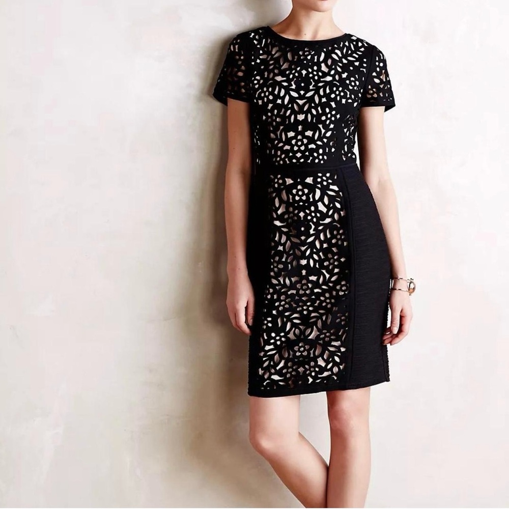 Anthropologie Maeve Lasercut Basalt Sheath Dress-Black